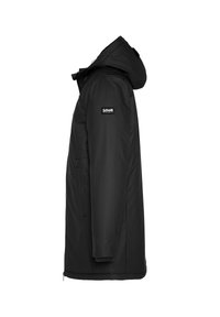 Schwarze, lange Winterjacke mit Kapuze, Reißverschlusstaschen an der Seite und Schott-Logopatch am oberen Ärmel, seitlich gezeigt.