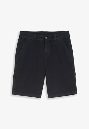 Schwarze Freizeithose mit Gürtelschlaufen, Knopf und Reißverschluss vorne, Seitentaschen und einer kleinen Tasche am rechten Bein.