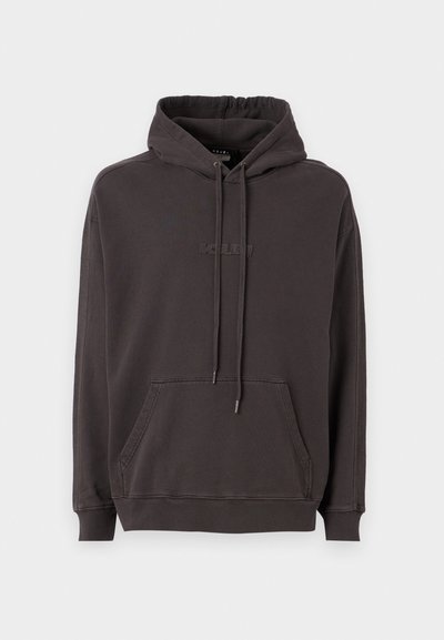 Dark gray hoodie with a kangaroo pocket, drawstring hood, ribbed cuffs, and hem. Features subtle logo embroidery on the front.