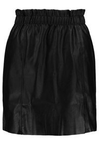 Černá kožená sukně s elastickým pasem, hladkou texturou a přiléhavým střihem, která má vertikální švy.