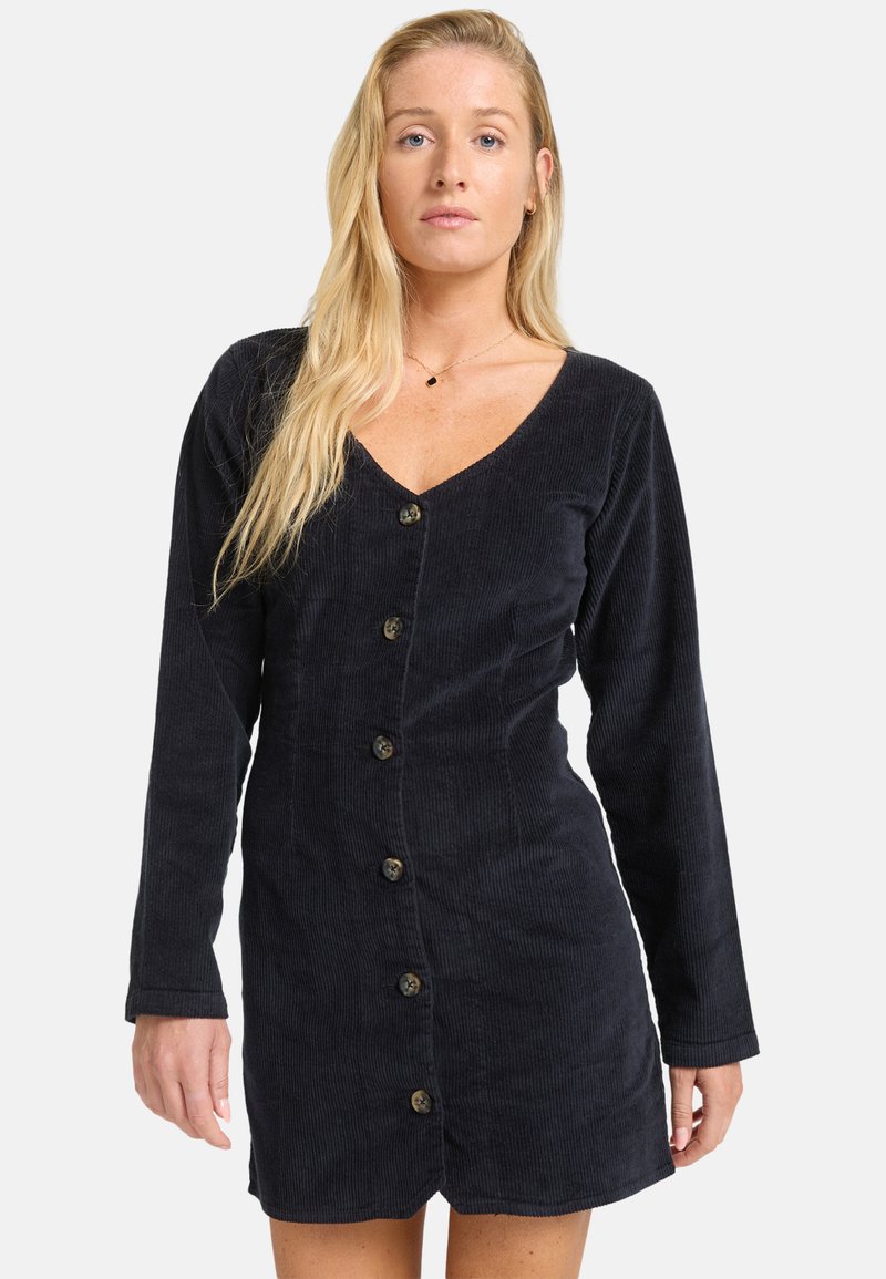Marineblaues Cordkleid mit V-Ausschnitt, langen Ärmeln und Knopfleiste vorne. Es zeichnet sich durch eine taillierte Passform und eine weiche Textur aus.