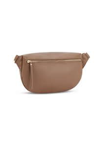 Borsa a tracolla in pelle marrone con forma arrotondata, chiusura con zip dorata e design elegante e minimalista. Presenta una tracolla removibile.