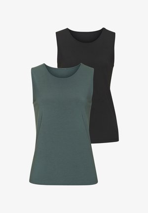 Due maglie senza maniche con scollatura rotonda; una in verde scuro e l'altra in nero. Realizzate in un tessuto liscio e elastico.