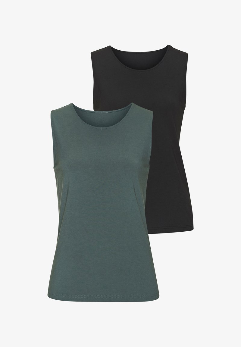 Dve tielka bez rukávov s okrúhlym výstrihom; jedno v tmavozelenej farbe a druhé čierne. Vyrobené z hladkej, elastickej látky.