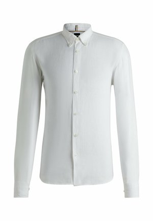 Camicia bianca a maniche lunghe realizzata in tessuto leggero, con colletto button-down, chiusura frontale con bottoni e una leggera texture.