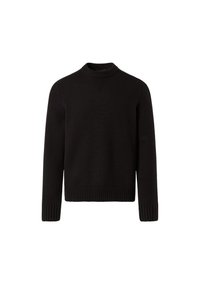 Maglione nero lavorato a maglia con scollatura a girocollo, polsini e orlo a costine. Presenta un motivo testurizzato nella zona delle spalle.
