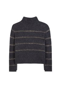 Grauer Strickpullover mit Rollkragen und geripptem Kragen, der horizontale metallische Streifen aufweist. Gekürzte Passform mit langen Ärmeln und Seitenschlitzen.