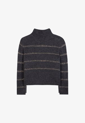 Grauer Strickpullover mit Rollkragen und geripptem Kragen, der horizontale metallische Streifen aufweist. Gekürzte Passform mit langen Ärmeln und Seitenschlitzen.