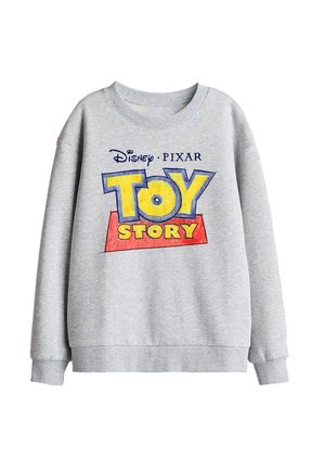 Hellgrauer Pullover mit farbenfrohem "Disney Pixar Toy Story"-Logo, das vorne in gelben, blauen und roten Buchstaben gedruckt ist.
