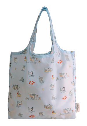 Lyseblå genanvendelig shopper med mønster af tegneserie-dyr der snorkler, sejlbåde, redningskranse og gummiænder.