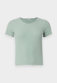 Lys grøn ribbet t-shirt med rund halsudskæring, korte ærmer og bølget kantdetalje. Fremstillet af blødt stof, har en tætsiddende design.