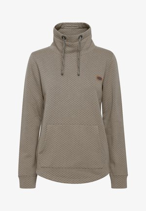 Beiger Sweatshirt mit hohem Kragen, Kordeln, gepunktetem Muster und einer Fronttasche. Hergestellt aus weichem Stoff mit gerippten Bündchen.