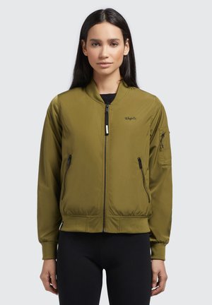Olive green bomber jacket with a front zip, ribbed cuffs, and a chest logo. Features two side zip pockets and a sleeve pocket.