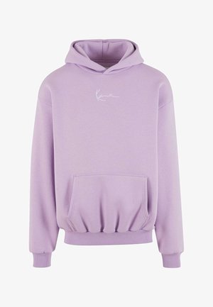 Lavender hoodie gemaakt van een katoenmix met een kangoeroezak, geribbelde manchetten en een trekkoordkap. Heeft een wit logo op de borst.