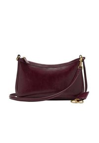 Geantă din piele burgundy, tip crossbody, cu o textură netedă, design curbat, închidere cu fermoar și detalii din metal de culoare aurie. Inclusă curea reglabilă.