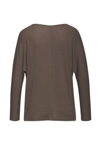 Braunes Langarmoberteil, rechteckiger Ausschnitt, weicher Strickstoff, lockere Passform, mit Nahtdetails in der Mitte und an den Bündchen.