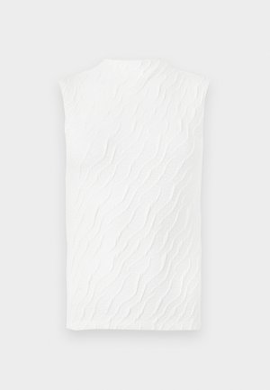 Valge ilma varrukateta särk, millel on tekstuuriline laine muster, kõrge kaelus ja veidi liibuva siluettiga. Sile kangas, millel on peen mõõt.