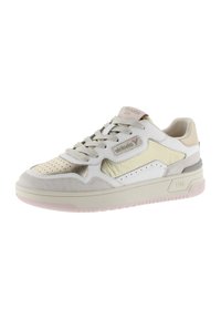 Sneaker with a mixed material design in white, beige, and pastel pink. Features perforations, sleek lines, and textured accents.