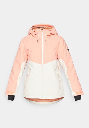 Veste d'hiver pour femmes en pêche clair et blanc, dotée d'une capuche, d'une fermeture éclair, de poignets ajustables et de poches latérales. Tissu lisse et résistant à l'eau.
