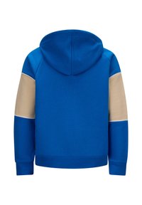 Niebieska bluza z kapturem, z beżowymi akcentami na ramionach i prążkowanymi mankietami. Posiada dużą kieszeń i miękką teksturę, zaprojektowana dla wygody i ciepła.
