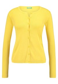 Yellow knitted cardigan with long sleeves, rounded neckline, and button front closure. Features ribbed cuffs and hem.