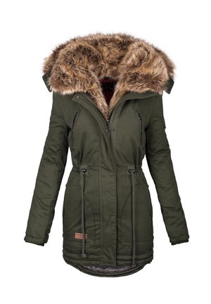 Dunkelgrüne Winterparka mit verstellbaren Taillenkordeln, Reißverschlusstaschen und großer Kapuze mit braunem Kunstpelzbesatz, Frontreißverschluss und Druckknopfverschluss.