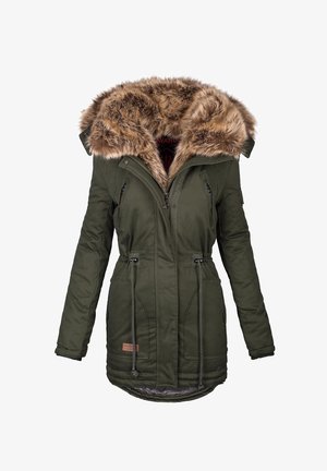 Dunkelgrüne Winterparka mit verstellbaren Taillenkordeln, Reißverschlusstaschen und großer Kapuze mit braunem Kunstpelzbesatz, Frontreißverschluss und Druckknopfverschluss.