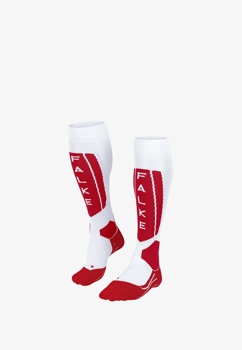 Calze fino al ginocchio rosse e bianche con motivi testurizzati, logo "FALKE" in evidenza, punte rinforzate e suole imbottite.