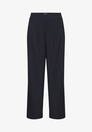 Mornarsko modre skrajšane hlače so izdelane iz lahkotnega materiala. Imajo ravno sprednjo stran s gubami in širok pas za udobje.