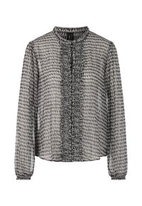 Luftige Bluse mit langen Ärmeln in Schwarz und Grau, mit einem strukturierten Muster, rundem Ausschnitt und einem gerafften Frontdetail. Leichter, transparenter Stoff.