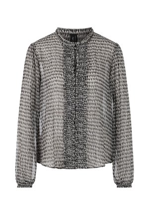 Flowy, long-sleeve blouse in black and gray with a textured pattern, round neckline, and a ruffled front detail. Lightweight sheer fabric.