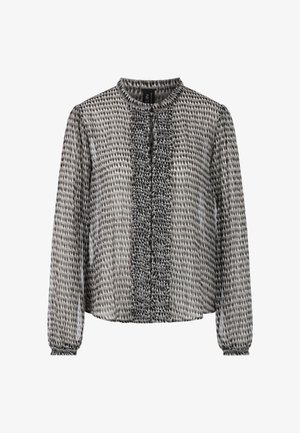 Flowy, long-sleeve blouse in black and gray with a textured pattern, round neckline, and a ruffled front detail. Lightweight sheer fabric.