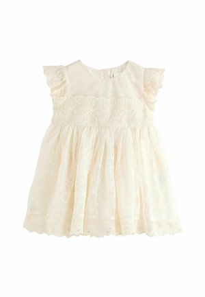 Baby-Kleid in Cremefarbe mit Spitzenverzierungen, Flatterärmeln und einem gerafften Rock, geeignet für formelle Anlässe.