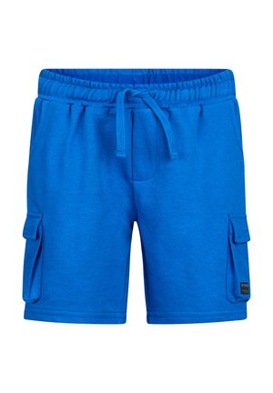 Niebieskie spodenki z elastycznym pasem i sznurkiem, boczne kieszenie cargo z patkami oraz przednie kieszenie wsuwane, wykonane z miękkiego materiału.