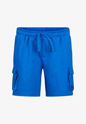 Niebieskie spodenki z elastycznym pasem i sznurkiem, boczne kieszenie cargo z patkami oraz przednie kieszenie wsuwane, wykonane z miękkiego materiału.