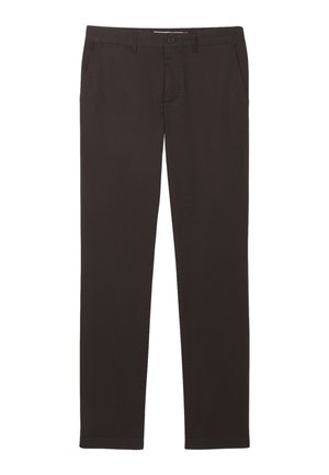 Donkerbruine, rechte broek gemaakt van een katoenmix. Beschikt over twee zijzakken en een knoopsluiting in de taille.