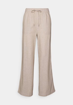 Beige kalhoty s širokými nohavicemi vyrobené z měkké, strukturované tkaniny. Mají elastický pas se šňůrkou a dvě přední kapsy.