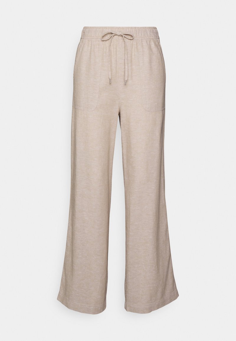 Beige wijde broek gemaakt van een zachte, textuurstof. Heeft een elastische tailleband met een trekkoord en twee voorkantzakken.