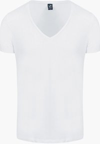 Witte T-shirt met korte mouwen en een V-hals ontwerp, gemaakt van zachte stof, met een schone, gladde textuur en zonder zichtbare patronen of accenten.