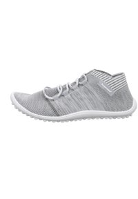 Gray lightweight athletic shoe made of breathable mesh with a textured surface, featuring a white rubber sole and simple lace design.