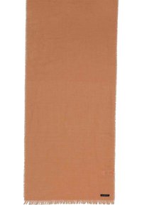 Cotton throw in a solid burnt orange color, featuring a textured surface with frayed edges and a small black label at the bottom corner.