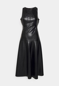 Svart läderklänning med figurnära liv, ärmlös design och utsvängd kjol. Har sömdetaljer och rund halsringning för en strukturerad look.