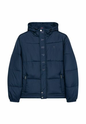 Chaqueta acolchada navy con capucha, que cuenta con un cierre frontal de cremallera, bolsillos laterales y un prominente logo vertical en la parte delantera. Textura suave.