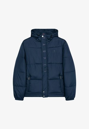 Doudoune bleue marine avec capuche, dotée d'une fermeture éclair à l'avant, de poches latérales et d'un logo vertical proéminent à l'avant. Texture lisse.