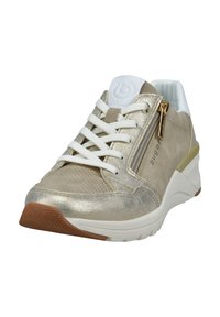 Helle goldene Sneaker mit einem perforierten Obermaterial und metallischen Akzenten. Ausgestattet mit weißen Schnürsenkeln, einem seitlichen Reißverschluss und einer strukturierten Gummisohle.