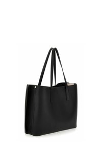 Borsa tote in pelle nera con due manici lunghi, forma rettangolare, superficie texturizzata e design minimalista. Presenta dettagli metallici.