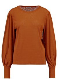 Rostfärgad långärmad topp gjord av mjukt tyg. Har en rundad hals, volangärmar och åtsittande manschetter. Slät textur med lätt lyster.