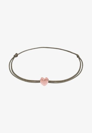 Regulowany bransoletka z szarego sznurka z błyszczącym sercem w kolorze różowego złota na środku, o gładkiej metalowej powierzchni.