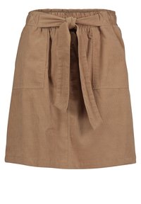 Ljusbrun kjol i texturerat material. Har en knytbara midja och två sidofickor. Rak passform med en fåll i slutet.