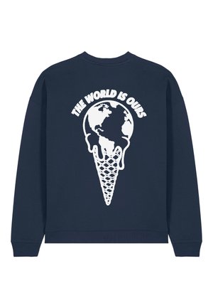 Navy sweatshirt featuring a white graphic of a melting globe and ice cream cone, with the text "THE WORLD IS OURS" above the design.
